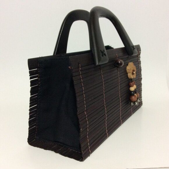 Womens Handmade Bamboo Handbag Wood Handles Loop Button Closure Brown - Picture 3 of 12
